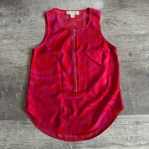 Michael Kors Sleeveless Zipper Top Womens XS Pink Red Abstract Career Blouse